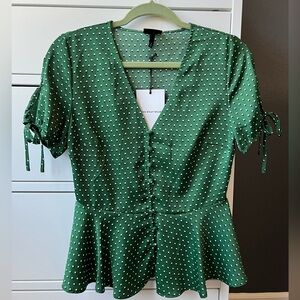 NWT Who What Wear Green Polka Dot Peplum Button Down Blouse Small